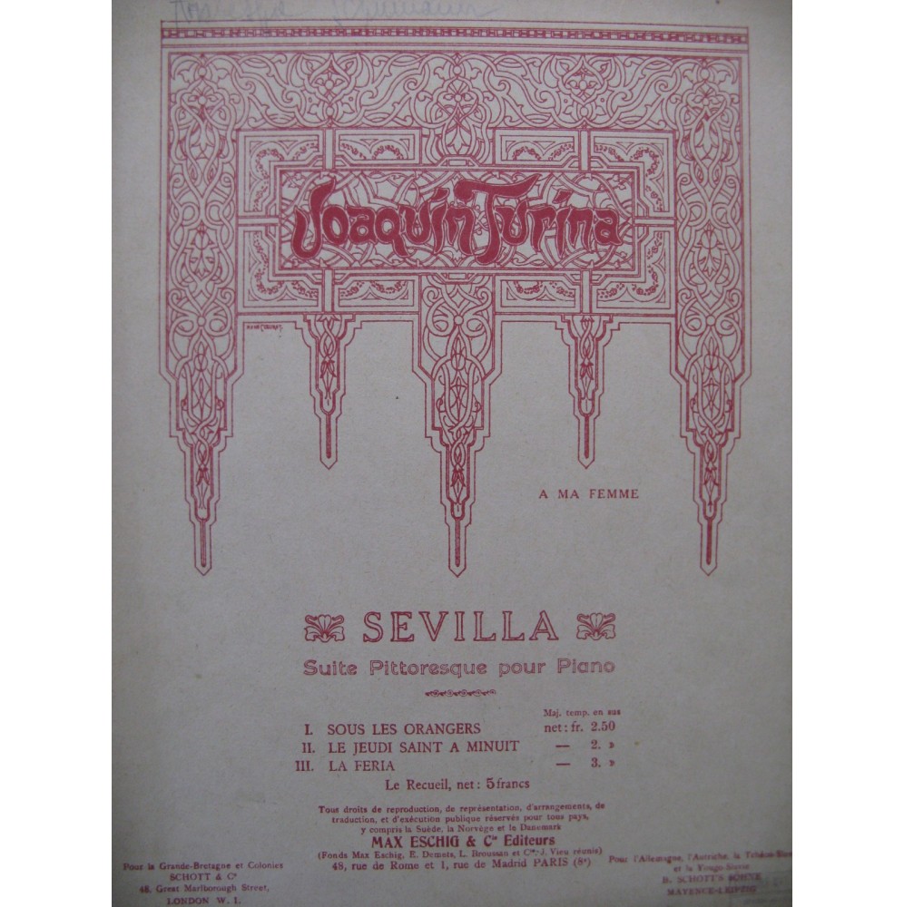 TURINA Joaquin Sevilla Suite Pittoresque Piano ca1925