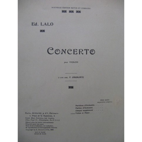 LALO Edouard Concerto op 20 Violon Piano 1947