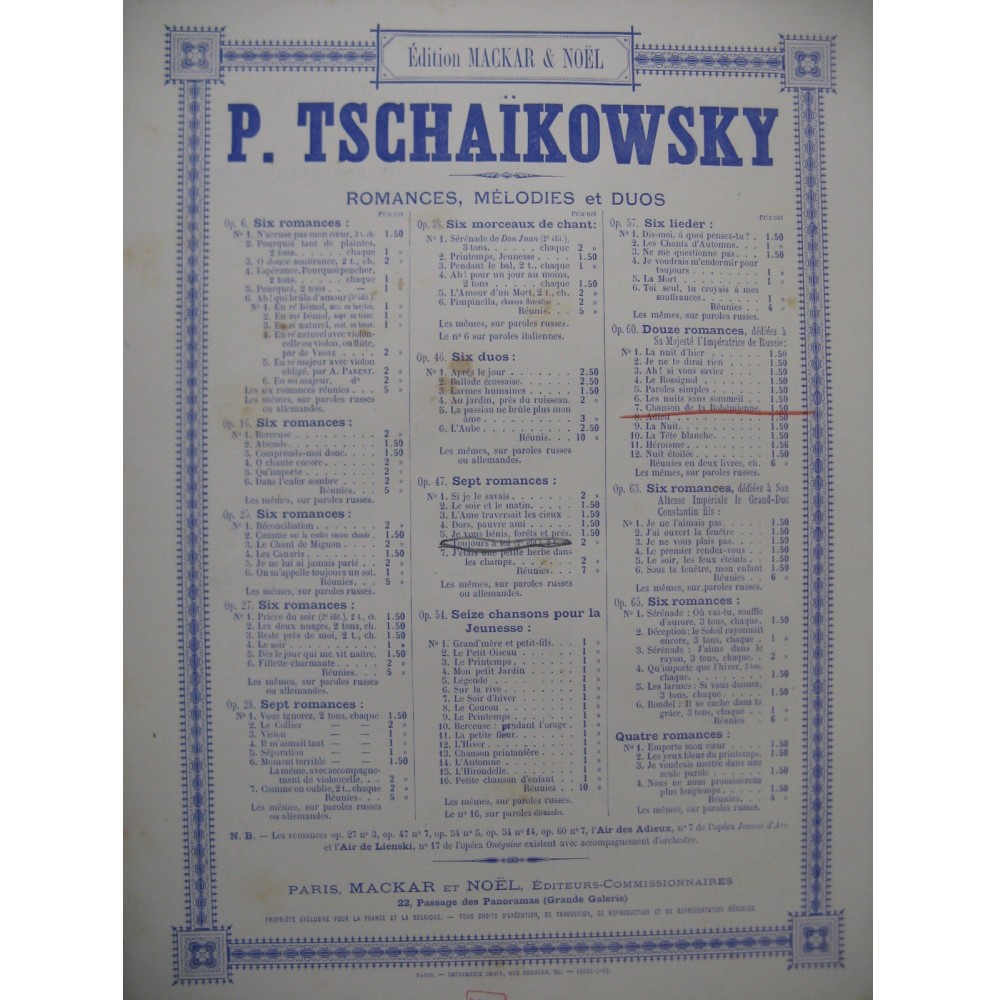 TSCHAÏKOWSKY Piotr Chanson de la Bohémienne Chant Piano ca1897