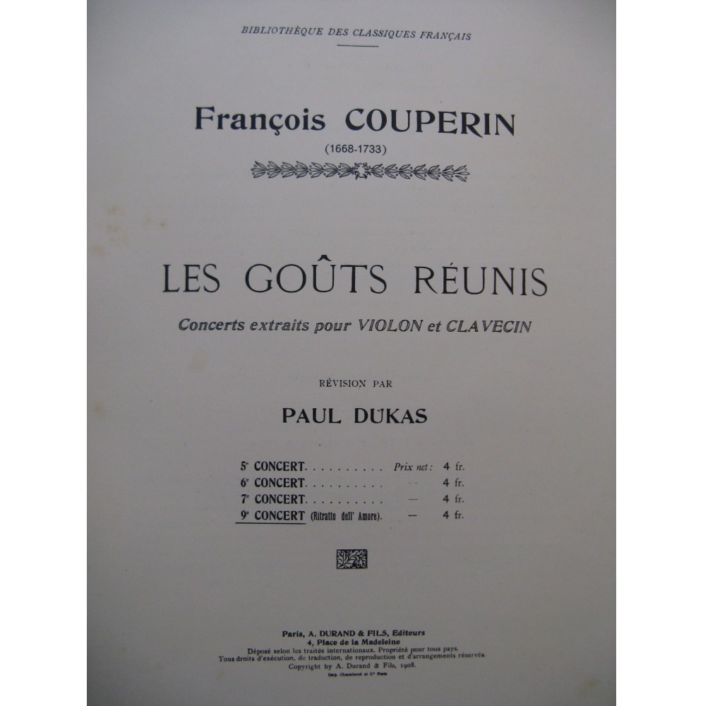 COUPERIN François Concert No 9 Violon Clavecin ou Piano 1908