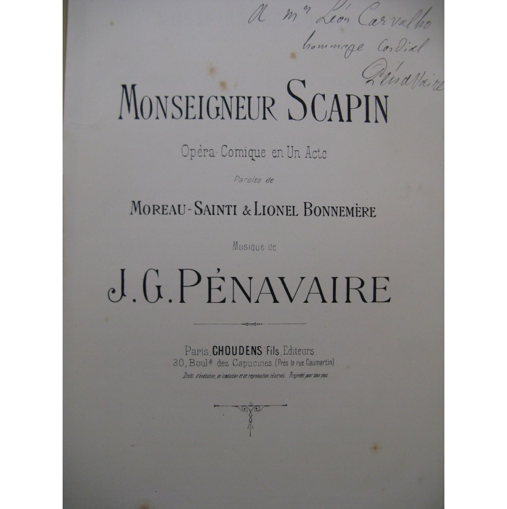 PÉNAVAIRE Jean-Grégoire Monseigneur Scapin Opéra Dédicace ca1890