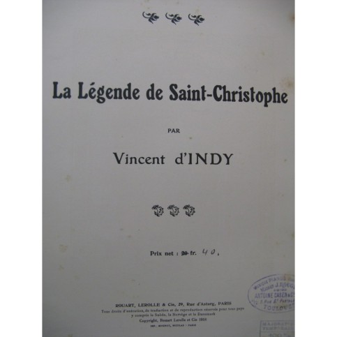 D'INDY Vincent La Légende de St Christophe Chant Piano 1920