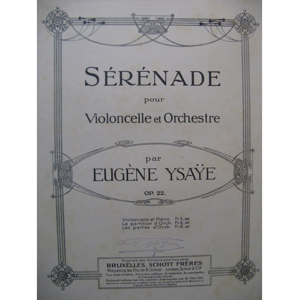 YSAŸE Eugène Sérénade Violoncelle Piano 1921