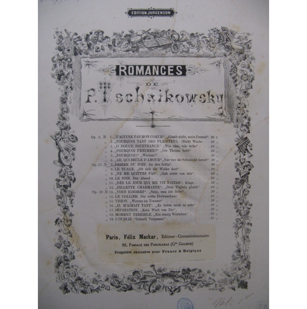 Tchaikowsky Piotr Prière du soir Chant Piano 1881