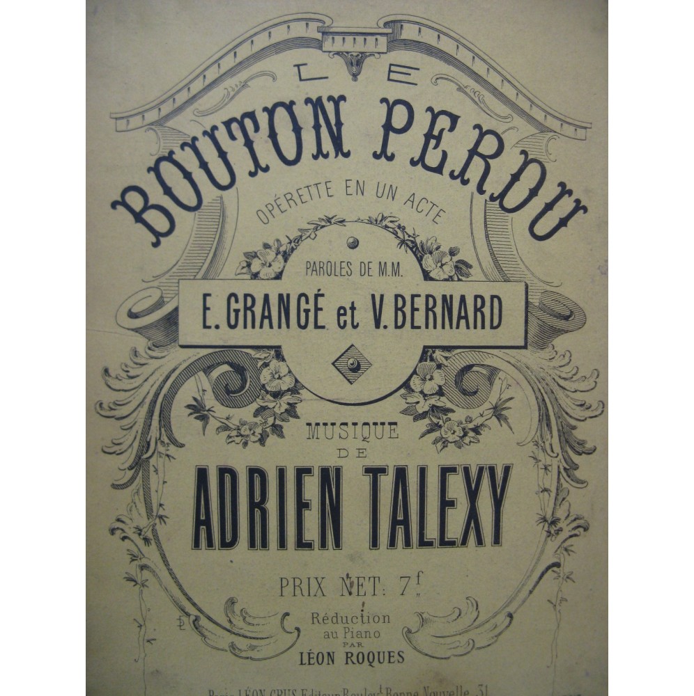 TALEXY Adrien Bouton Perdu Opérette Chant Piano 1874