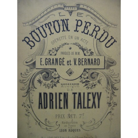 TALEXY Adrien Bouton Perdu Opérette Chant Piano 1874