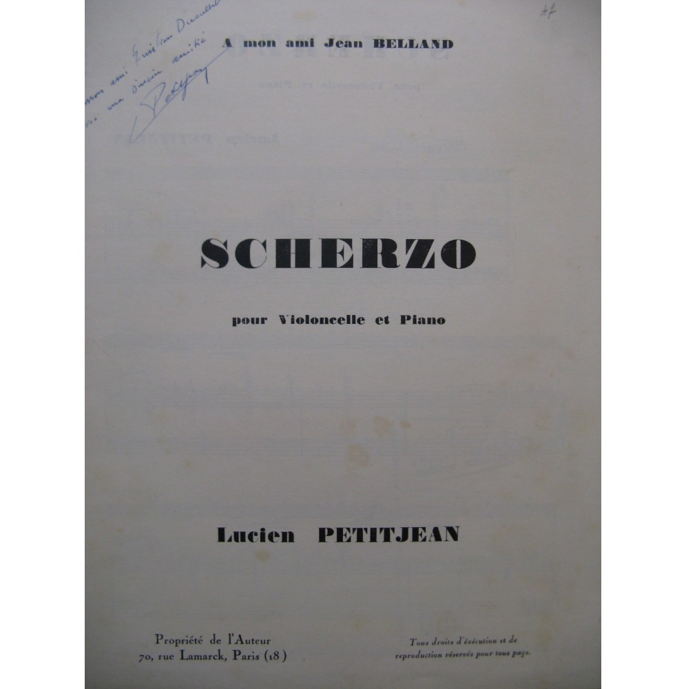 PETITJEAN Lucien Scherzo Dédicace Violoncelle Piano
