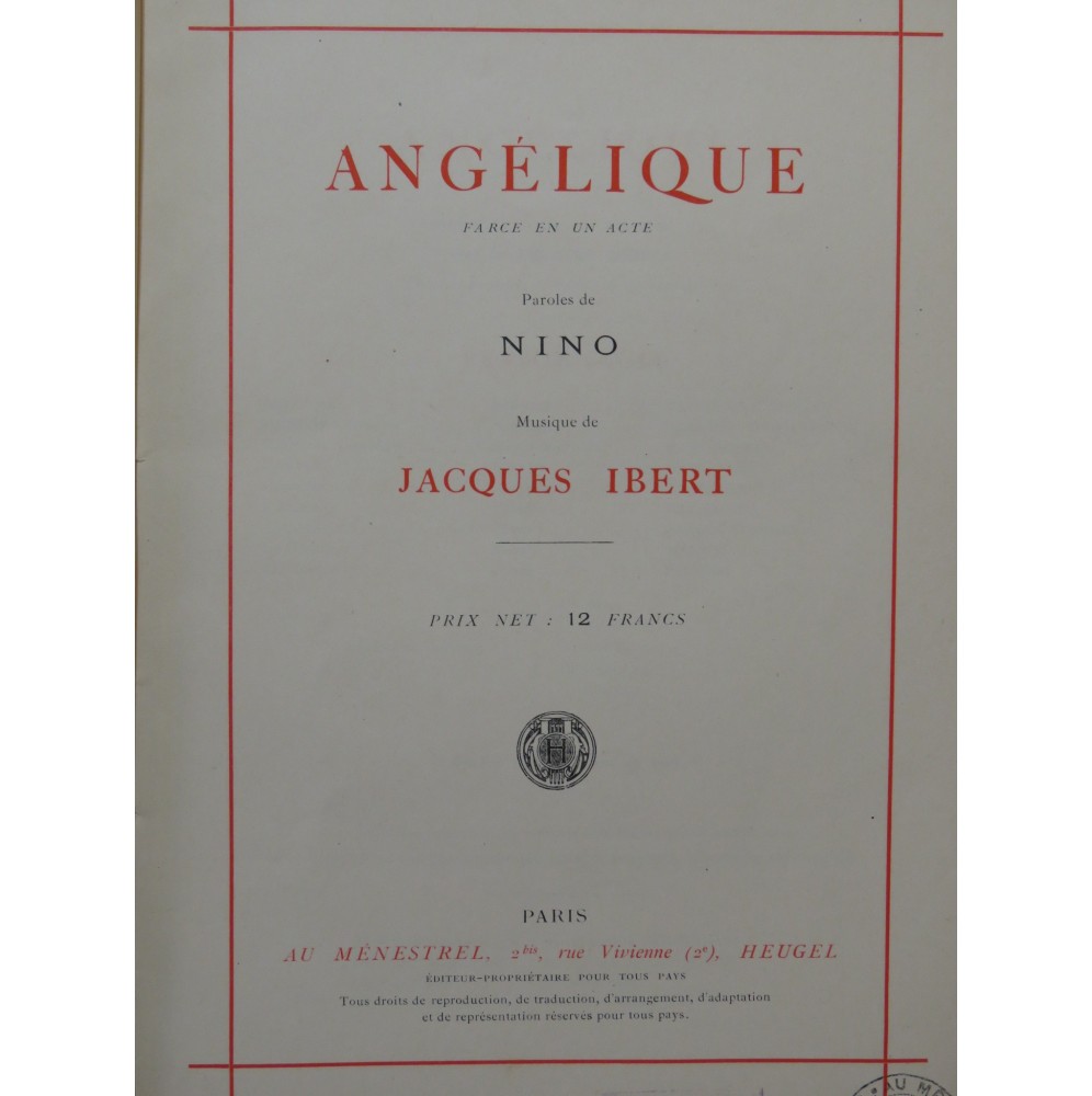 IBERT Jacques Angélique Opéra Chant Piano 1926