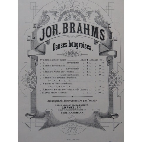 BRAHMS Johannes Danses Hongroises No 1 à 5 Piano ca1880