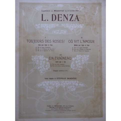 DENZA Luigi Toujours des roses Chant Piano 1906