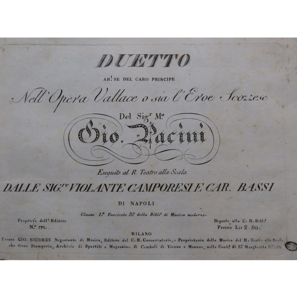 PACINI Giovanni Duetto Ah Se del Caro Principe Chant Clavecin 1821