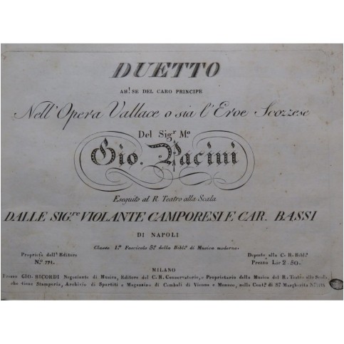 PACINI Giovanni Duetto Ah Se del Caro Principe Chant Clavecin 1821