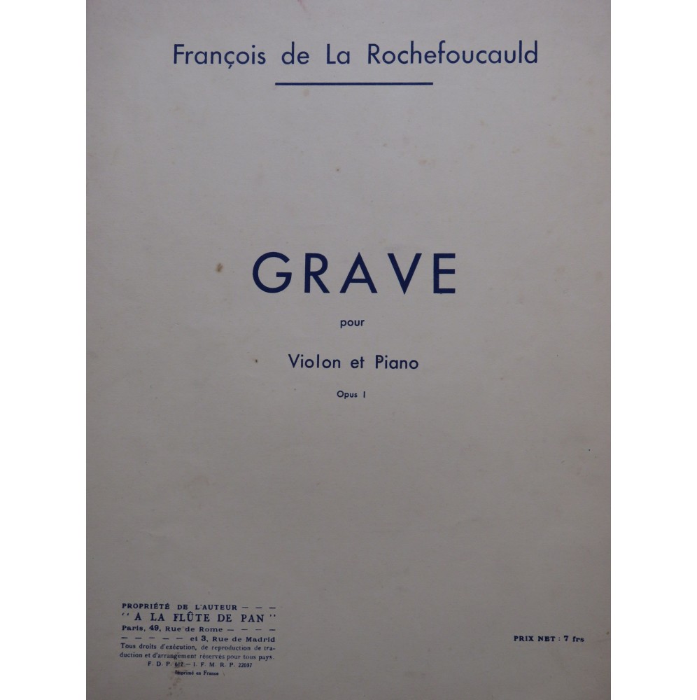 DE LA ROCHEFOUCAULD François Grave Dédicace Violon Piano ca1939