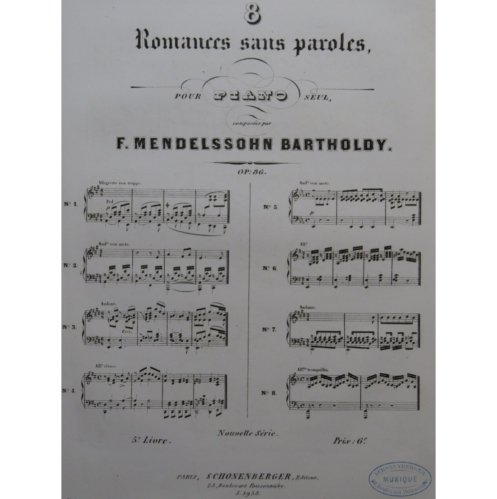 MENDELSSOHN 8 Romances op 86 Piano ca1852