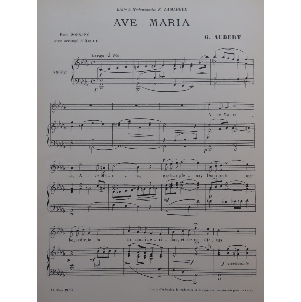AUBERT Gaston Ave Maria Chant Orgue 1909