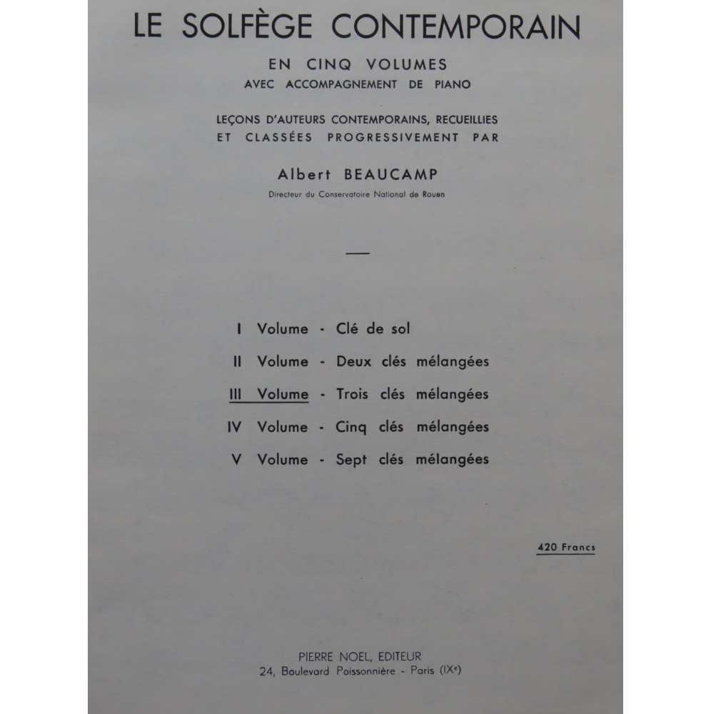 BEAUCAMP Albert Le Solfège Contemporain 3e Volume 1954
