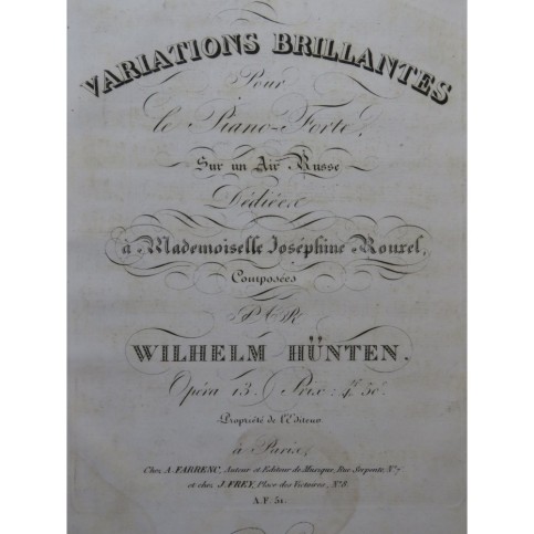 HÜNTEN Wilhelm Variations Brillantes Piano ca1820
