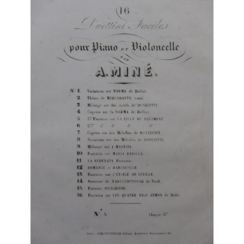 MINÉ A. Caprice et Variations Norma Bellini Violoncelle Piano ca1840