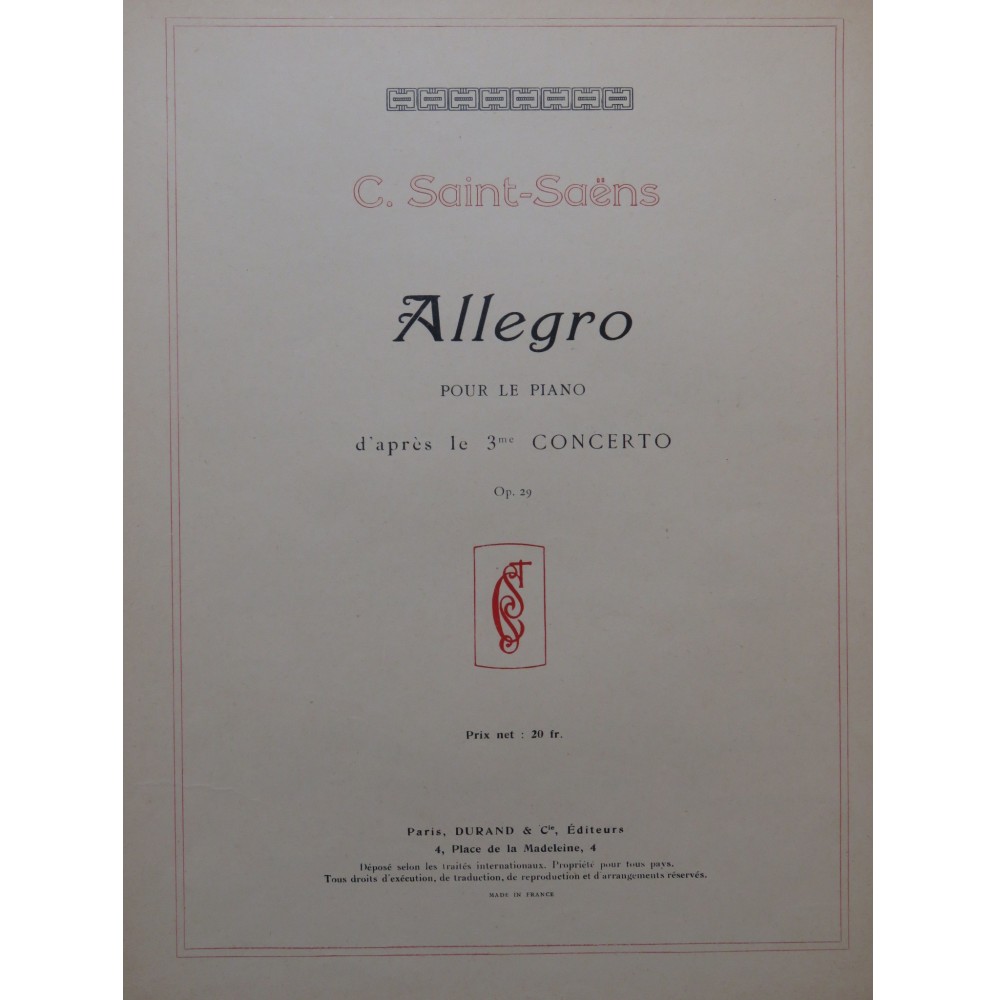 SAINT-SAËNS Camille Allegro 3e Concerto op 29 Piano 1913﻿