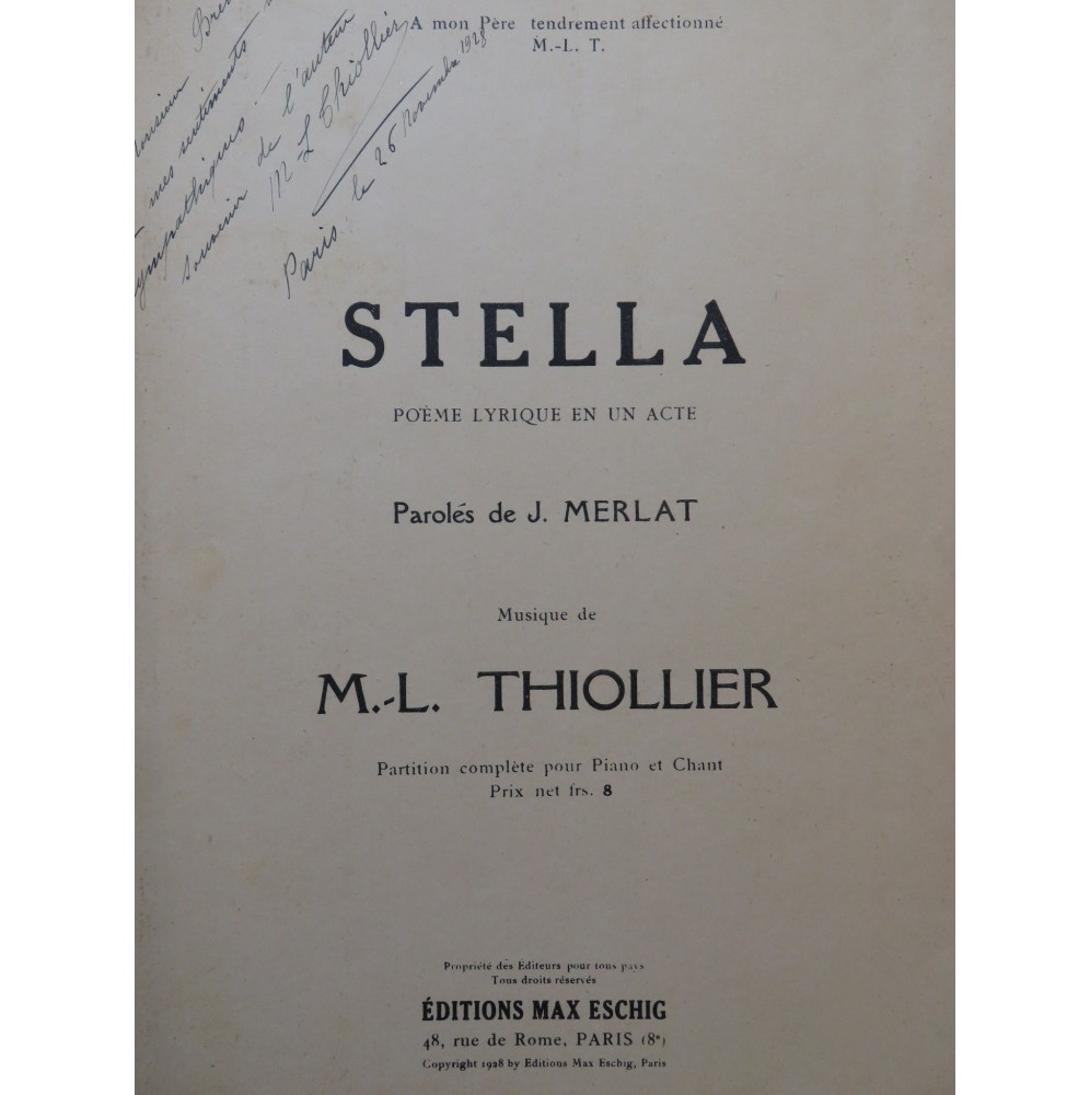 THIOLLIER Marie-Louise Stella Opéra Dédicace Chant Piano 1928