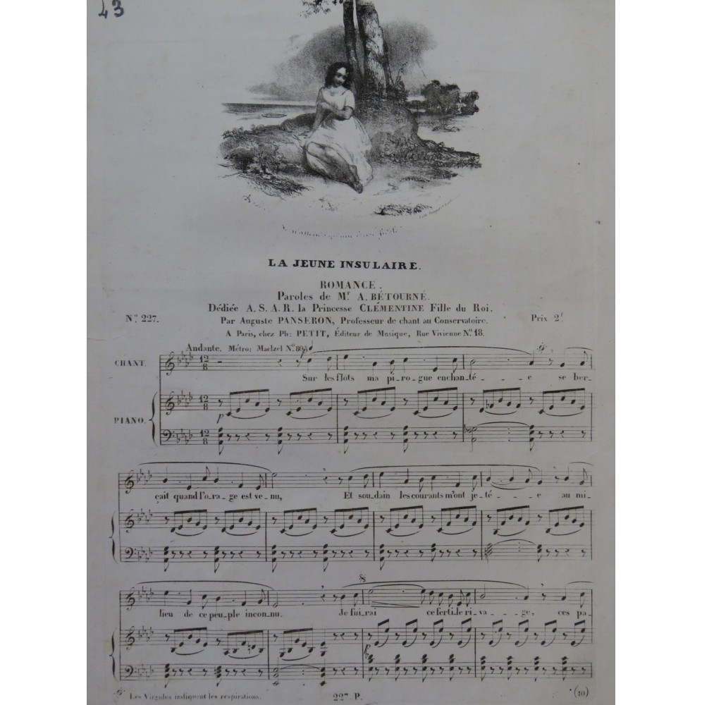PANSERON Auguste La jeune insulaire Piano Chant ca1830