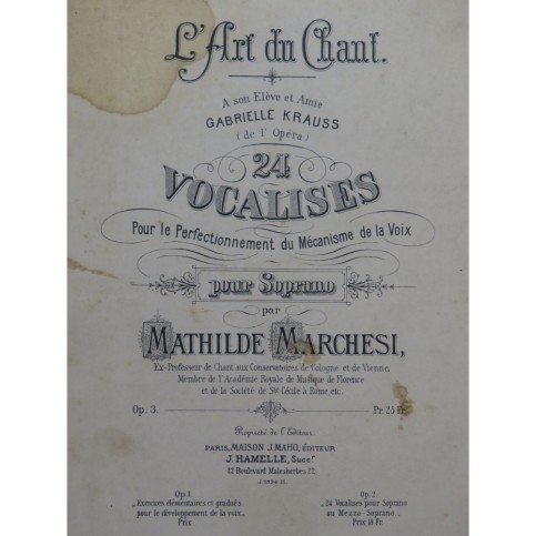 MARCHESI Mathilde 24 Vocalises pour Soprano Chant Piano ca1880