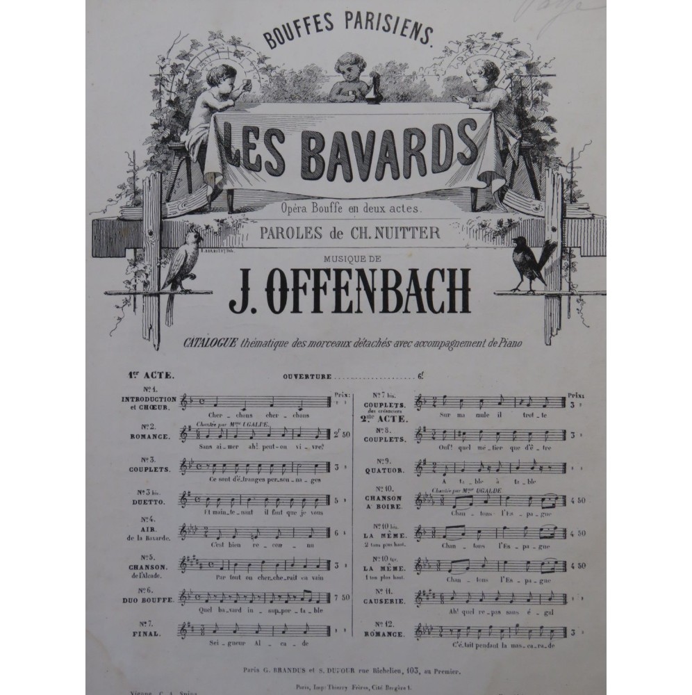 OFFENBACH Jacques Les Bavards Chanson à Boire Chant Piano ca1865
