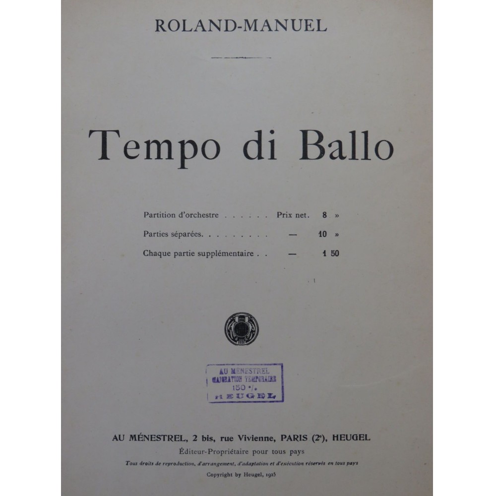 ROLAND-MANUEL Tempo di Ballo Orchestre 1925