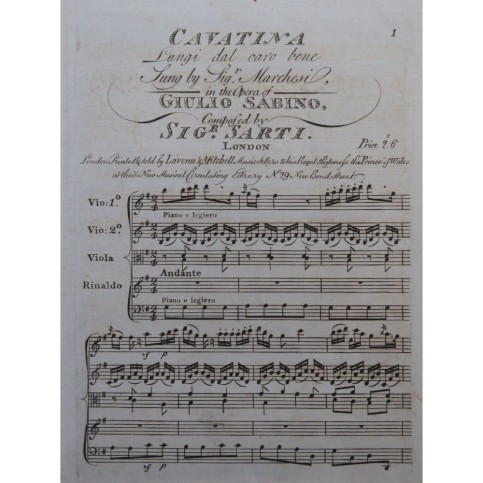 SARTI Giuseppe Giulio Sabino Cavatina Piano Chant ca1810