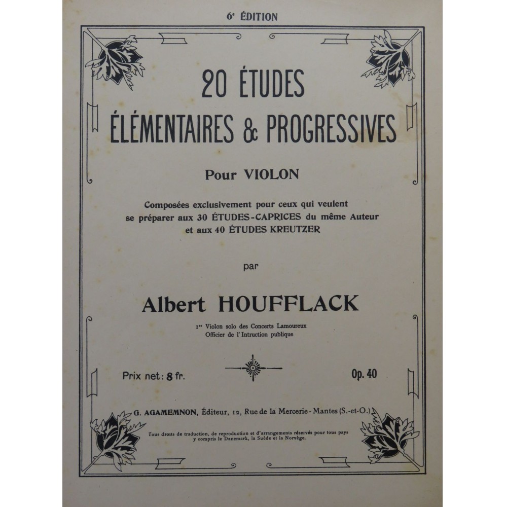 HOUFFLACK Albert 20 Etudes élémentaires et progressives Violon