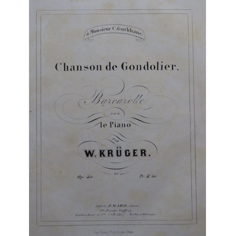 KRÜGER W. Chanson de Gondolier Piano 1855