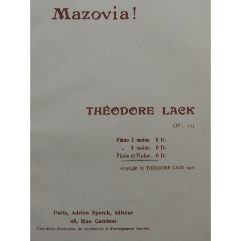 LACK Théodore Mazovia ! Violon Piano 1905