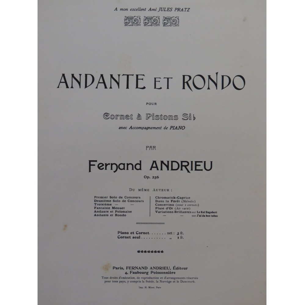 ANDRIEU Fernand Andante et Rondo Cornet à Pistons Piano