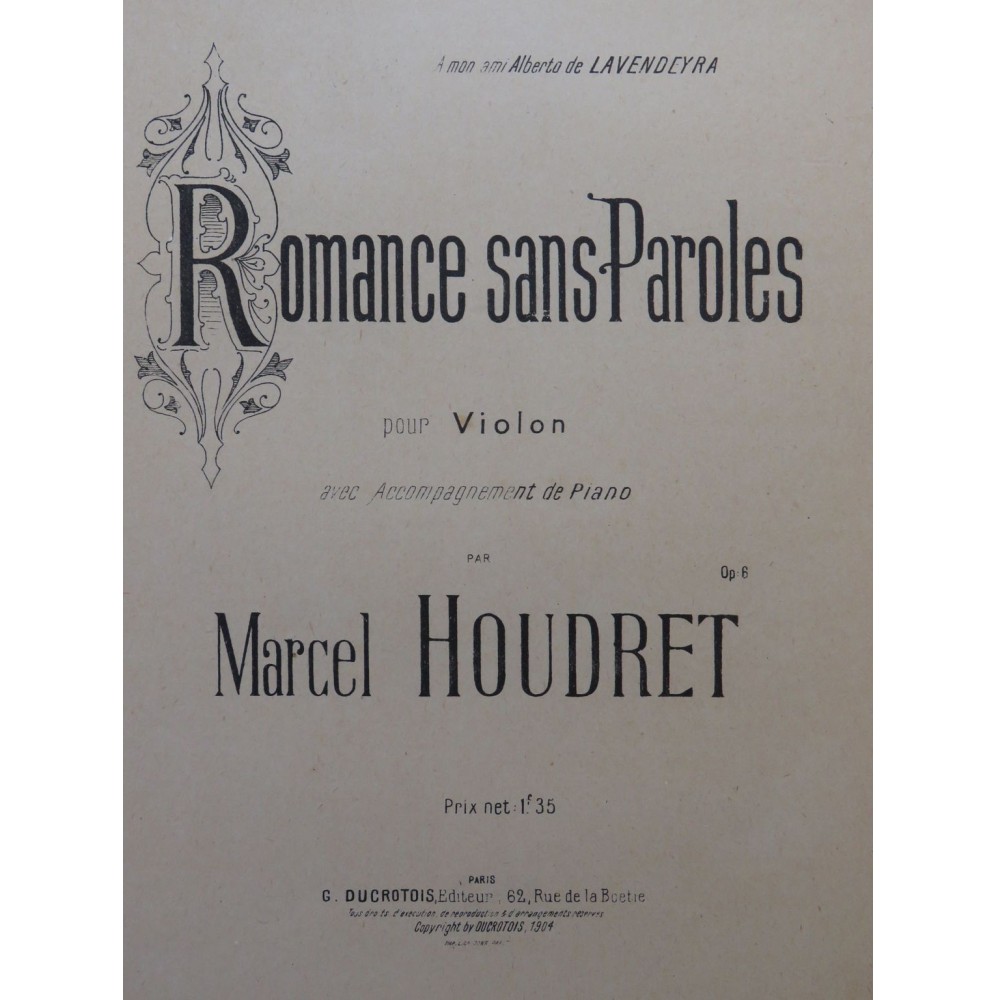 HOUDRET Marcel Romance sans Paroles Violon Piano 1904