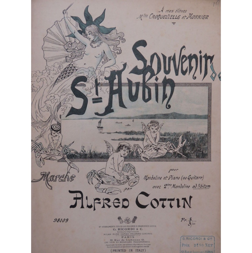 COTTIN Alfred Souvenir de Saint Aubin Mandoline Piano ou Guitare 1895