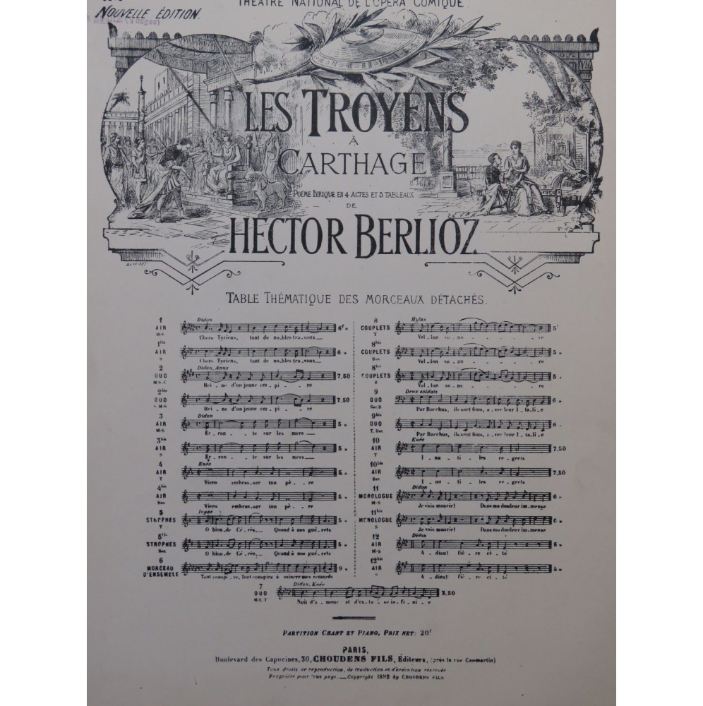 BERLIOZ Hector Les Troyens à Carthage No 6 Chant Piano 1892