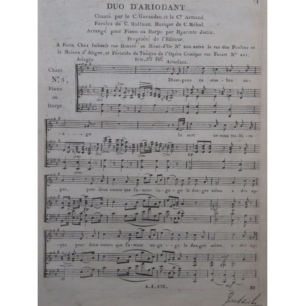MÉHUL Duo d'Ariodant Chant Piano ou Harpe ca1795
