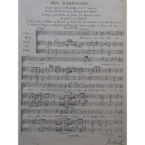 MÉHUL Duo d'Ariodant Chant Piano ou Harpe ca1795