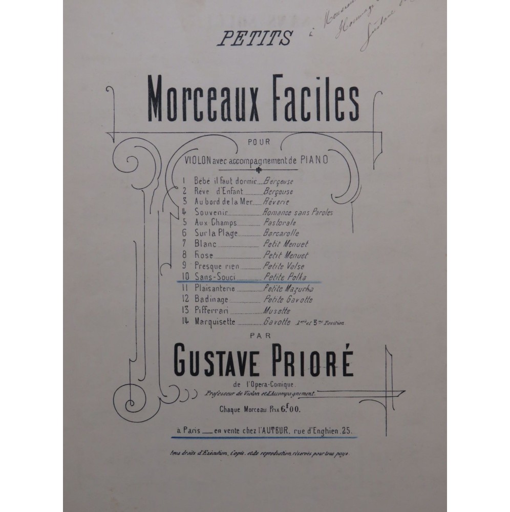 PRIORÉ Gustave Sans Souci Polka Dédicace Violon Piano 1896