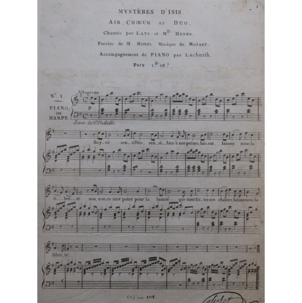 MOZART W. A. Air Choeur et Duo des mystères d'Isis Chant Piano ou Harpe ca1800