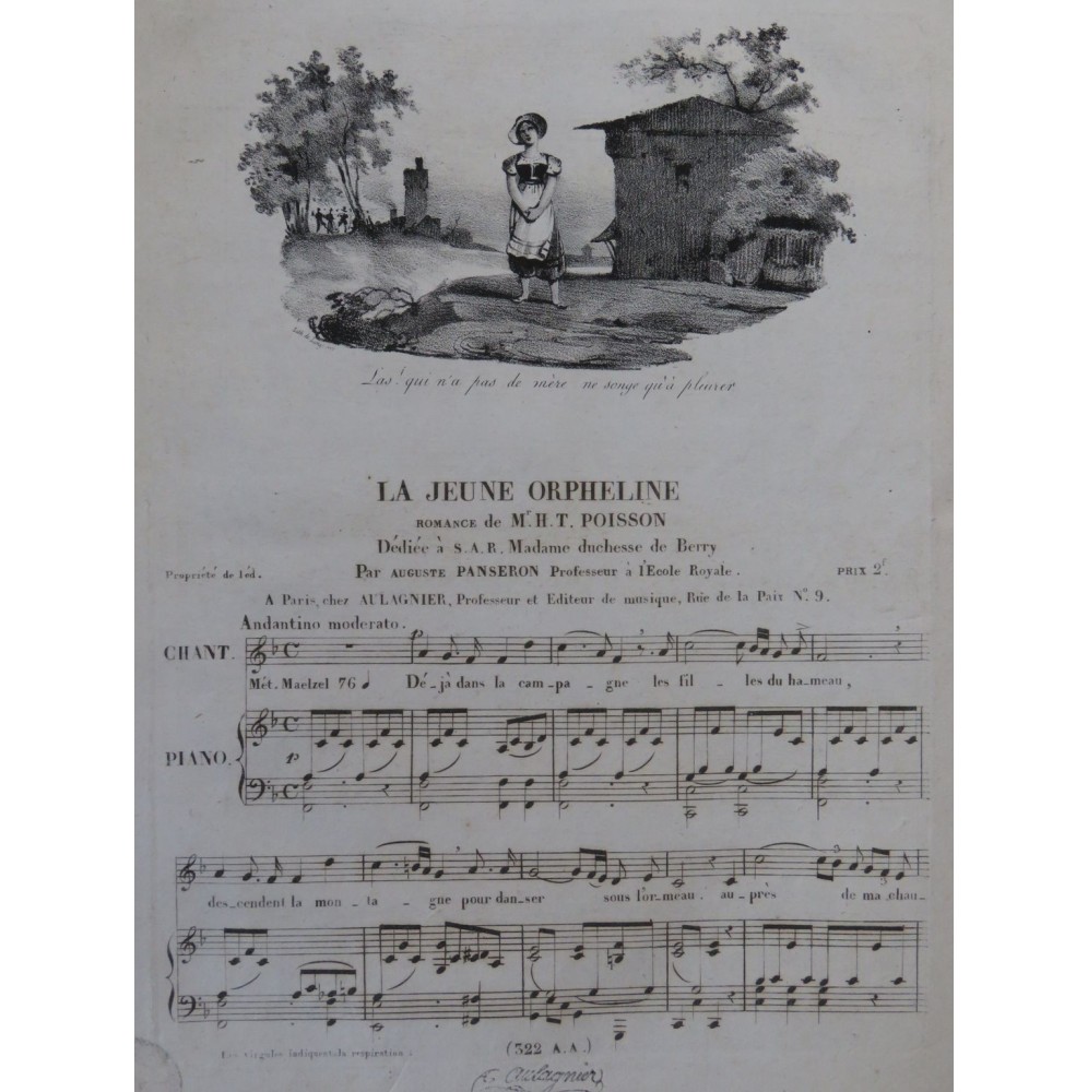 PANSERON Auguste La jeune orpheline Chant Piano ca1830