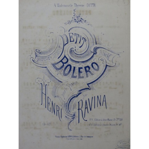 RAVINA Henri Petit Bolero op 62 Piano 4 mains ca1874