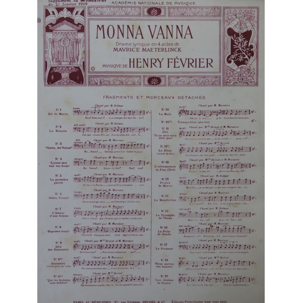 FÉVRIER Henry Monna Vanna No 10 Opéra Chant Piano 1908