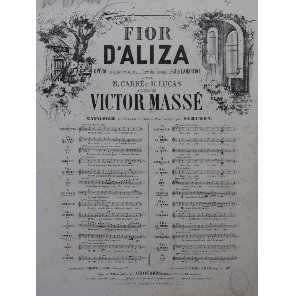 MASSÉ Victor Fior d'Aliza Opéra No13 Chant Piano ca1866