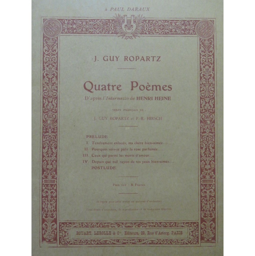 ROPARTZ Joseph-Guy Quatre Poèmes Chant Piano