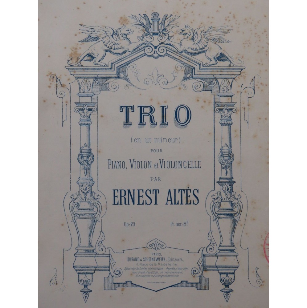 ALTÈS Ernest Trio en ut mineur op 29 Piano Violon Violoncelle ca1886