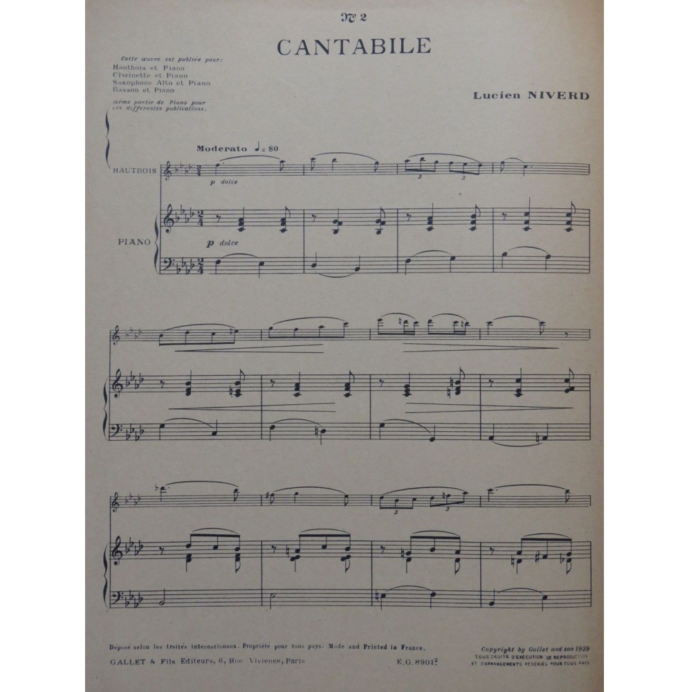 NIVERD Lucien Cantabile Saxophone Piano 1939