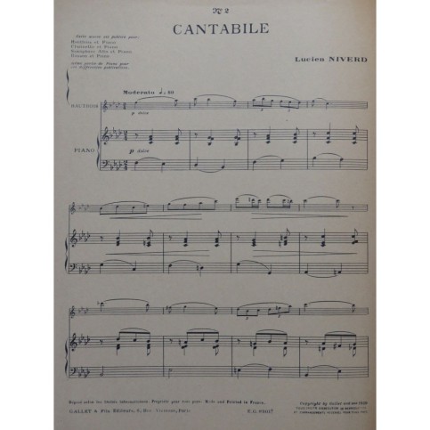 NIVERD Lucien Cantabile Saxophone Piano 1939