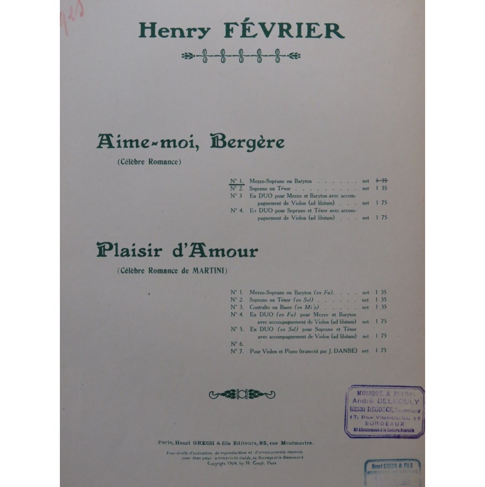 FÉVRIER Henry Aime moi Bergère Chant Piano 1904