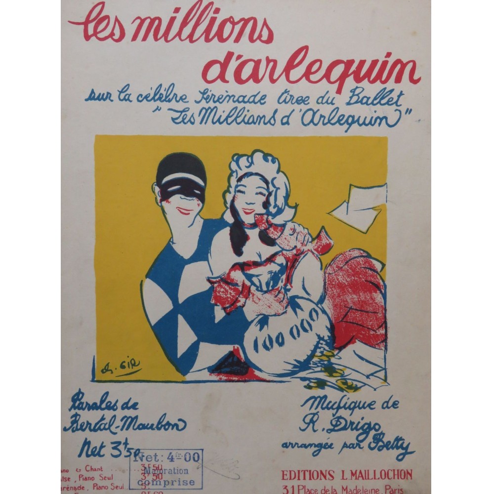 DRIGO R. Les millions d'arlequin Chant Piano 1921